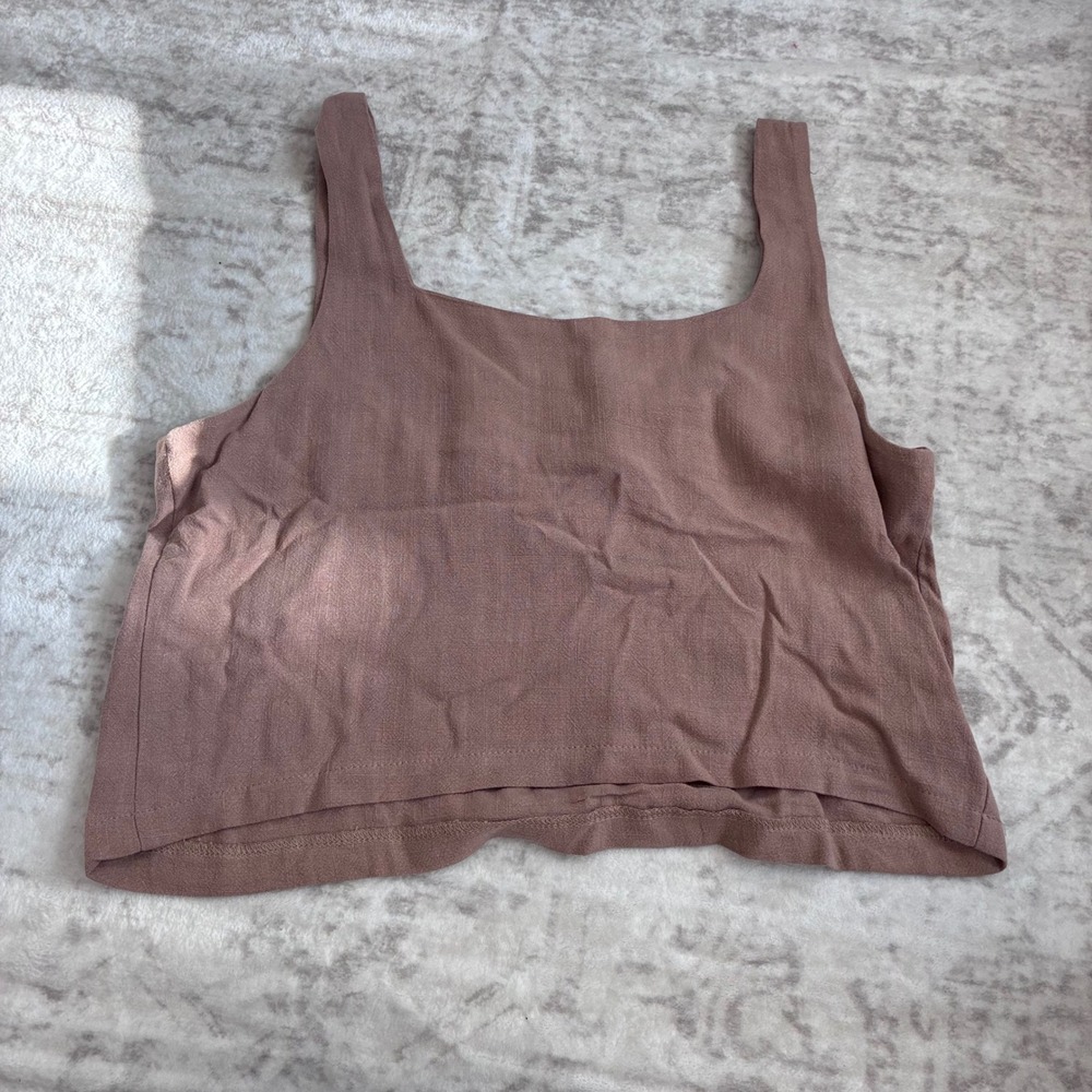 Automet Womens Linen Blend Cropped Tank Top Mauve Brown Square Neck Size M